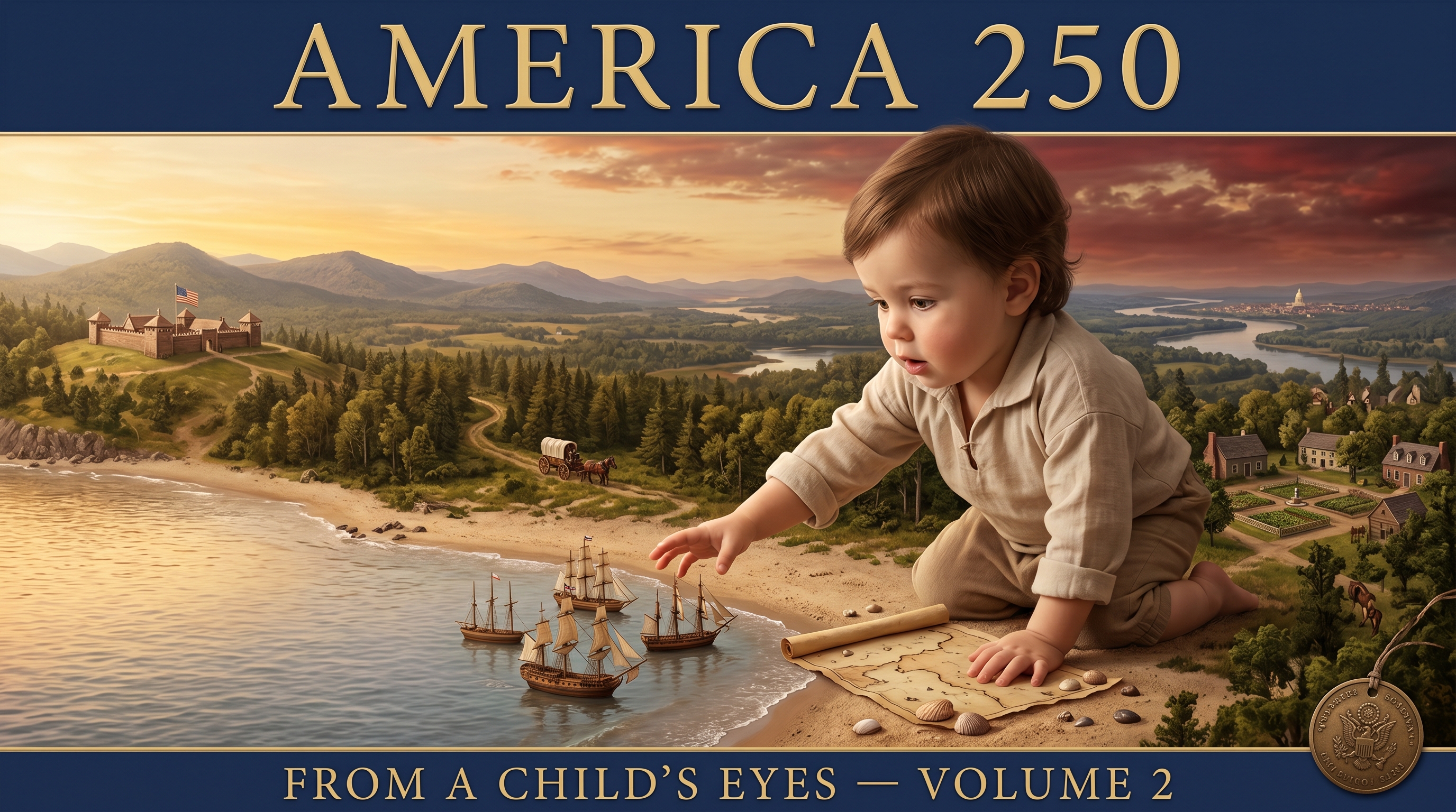 America 250 — From a Child's Eyes, Volume 2: a giant child reaching toward tiny ships on a colonial shoreline, with a sweeping landscape of forts, wagons, and towns stretching to the horizon.